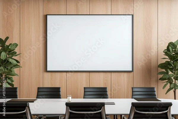 Fototapeta Elegant Office Meeting Room with Minimalist Design, Wooden Accents, Glass Conference Table, Black Leather Chairs, Projector Screen, Indoor Plants – Modern Corporate Aesthetic