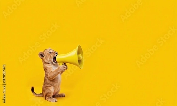 Obraz Majestic lion roaring powerfully into a megaphone - striking yellow background and ample copy space for attention-grabbing advertising, announcements, and promotions