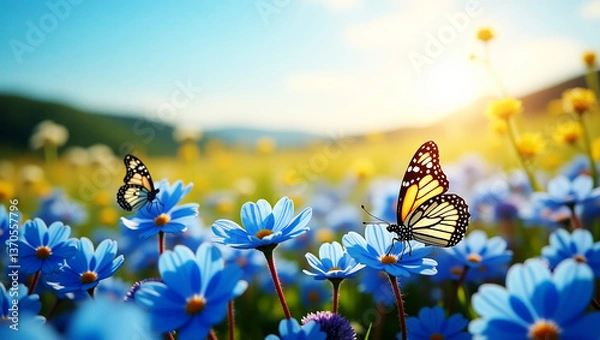 Obraz Beautiful summer or spring meadow with blue flowers and two flying butterflies