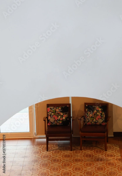 Fototapeta Sofa antique put Infront the exit door and grey wall curve, retro style