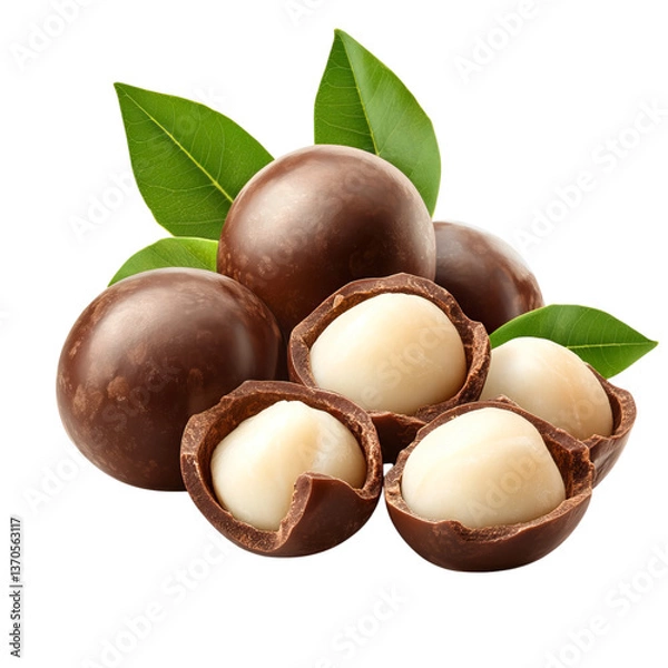 Fototapeta Fresh Macadamia Nuts with Leaves