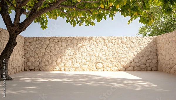 Fototapeta Sunlit courtyard with stone wall and tree shade