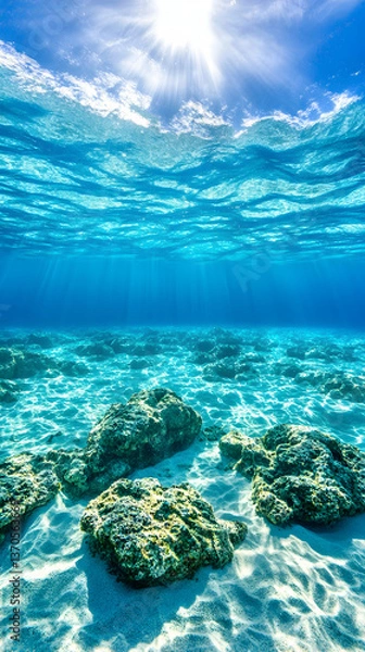 Fototapeta Sunlit underwater scene with clear water, sandy bottom, and rocks