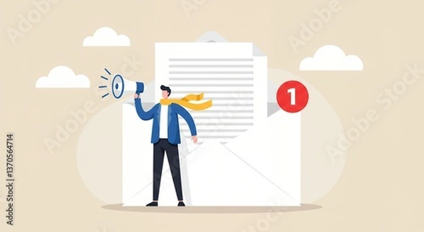 Fototapeta Man with megaphone announcing new email alert with notification
