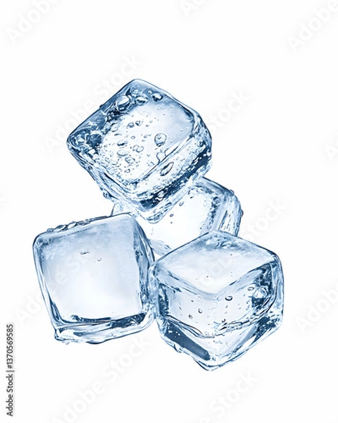 Fototapeta Three glistening ice cubes, wet and translucent, isolated on white