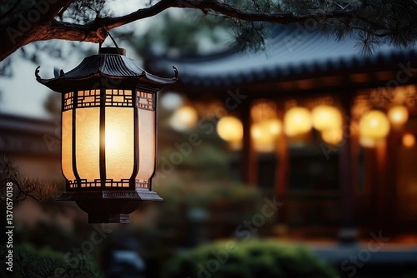 Fototapeta Vesak Day celebration with illuminated lanterns in a serene garden setting, symbolizing peace and enlightenment, showcasing cultural traditions and harmony concept