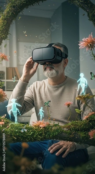 Obraz The user is immersed in a virtual world through a VR headset, exploring new facets of entertainment and knowledge