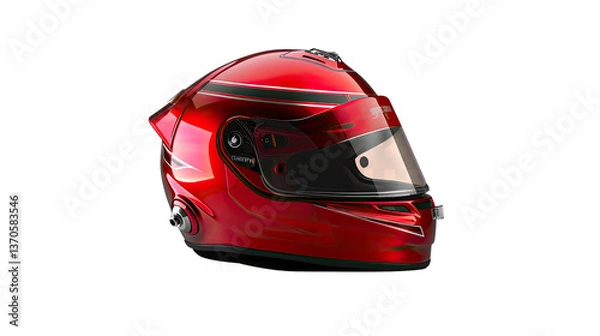 Fototapeta Vivid Crimson Racing Helmet: A close-up captures the aerodynamic curves and protective design of a glossy, crimson-red racing helmet, reflecting the light with a dynamic appeal.