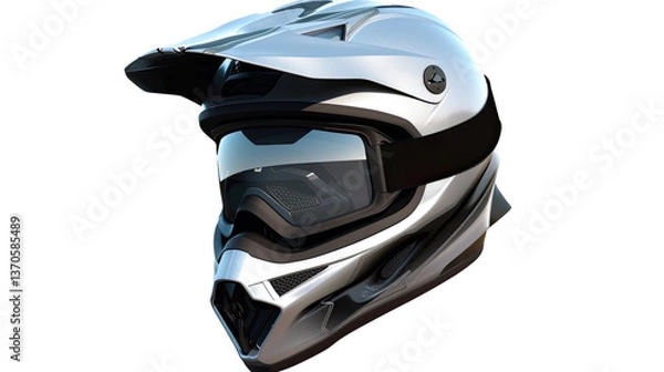 Obraz Chrome Motorcycle Helmet: A sleek, modern chrome motorcycle helmet with visor, designed for safety and style, resting against a simple background