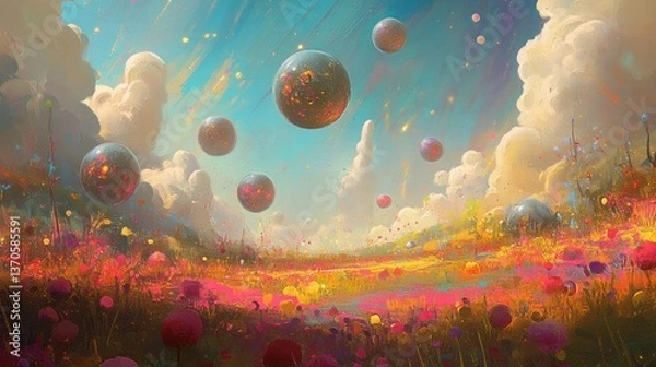 Fototapeta Dreamlike landscape with floating orbs, colorful flowers, & ethereal clouds