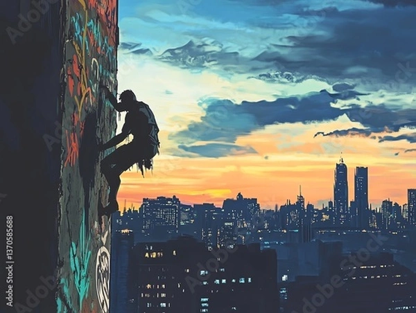 Obraz Urban climber against a sunset backdrop.