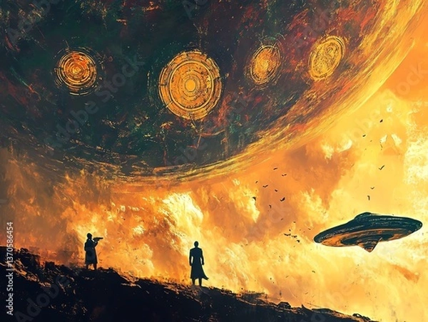 Obraz Futuristic landscape with aliens and spaceships.