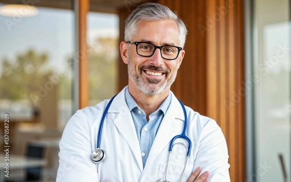 Obraz Portrait of a mature bearded doctor wearing intellectual-looking eyeglasses and standing with a calm expression - a healthcare provider demonstrating professionalism and patient care