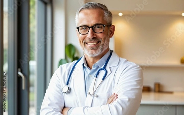Obraz Portrait of a mature bearded doctor wearing intellectual-looking eyeglasses and standing with a calm expression - a healthcare provider demonstrating professionalism and patient care