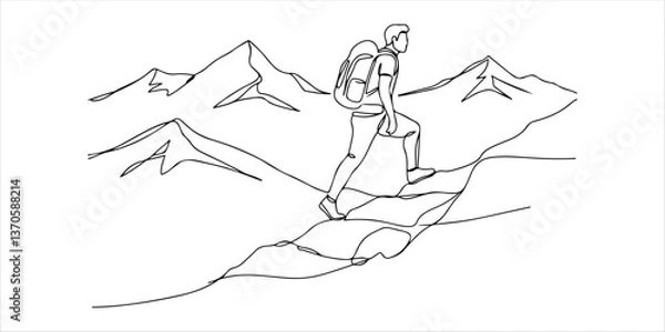 Obraz Man climbs the mountains Traveler with backpack is hiking single line art drawing sketch on white background