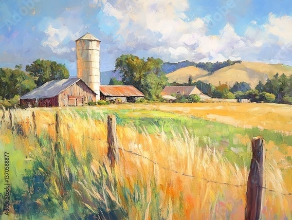 Obraz Beautiful rural landscape with a farm and hills.