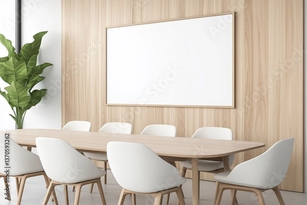 Fototapeta High-Tech Office Meeting Room with Smartboard, AI Video Conferencing, Scandinavian Furniture, LED Ceiling Lighting, Panoramic City View, Financial Graphs on Digital Screens