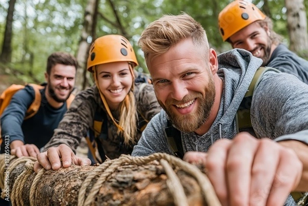 Obraz Corporate Team Building Activity in Outdoor Setting, Team Hiking or Ropes Course, Fostering Teamwork and Camaraderie, Corporate Event, Outdoor Team Building, Group Adventure