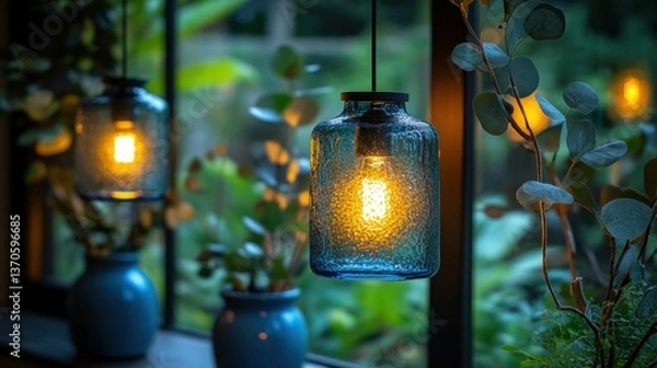 Fototapeta Rustic, teal glass pendant light illuminating a window garden