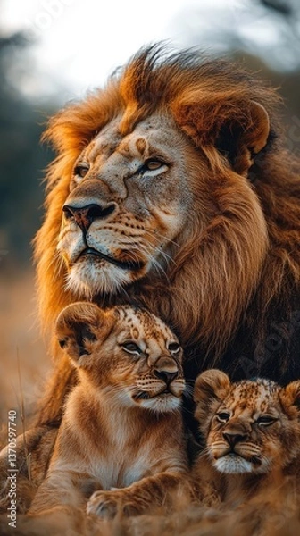 Fototapeta A Lion and Two Cubs Posing Together Beautifully
