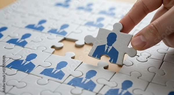 Fototapeta Completing the Team Puzzle A Hand Placing a Piece with a Businessman