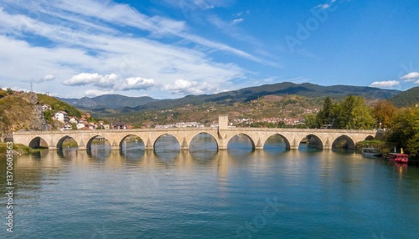 Fototapeta Aerial view in ancient bridge in Visegrad, Bosnia and Hercegovina