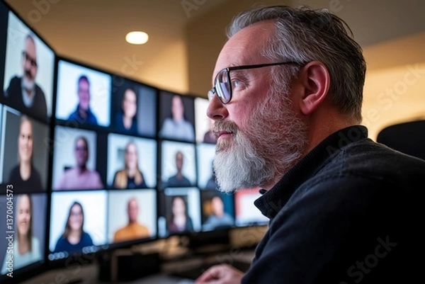Obraz Global Virtual Meeting with Multinational Teams on Multiple Screens, High-Definition Video Conferencing, Remote Collaboration, International Workspaces, Online Business Communication, Global Teamwork