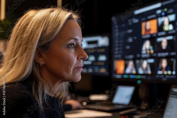 Fototapeta Global Virtual Meeting with Multinational Teams on Multiple Screens, High-Definition Video Conferencing, Remote Collaboration, International Workspaces, Online Business Communication, Global Teamwork