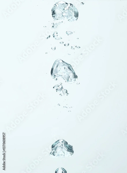 Fototapeta Many water bubbles on light background, closeup. Space for text