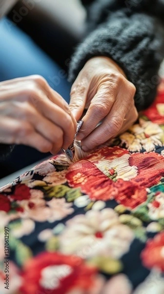 Fototapeta Elderly hands carefully sewing fabric with floral patterns displayed