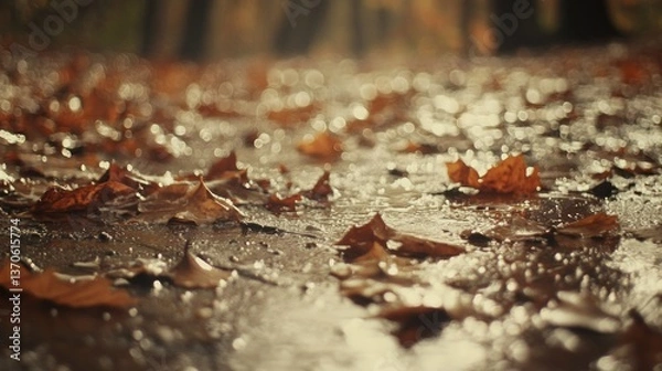 Fototapeta Fallen autumn leaves on a wet ground surface with light reflections