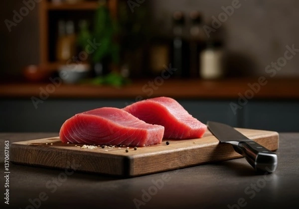 Fototapeta Fresh tuna fillets on a wooden cutting board with a sharp knife