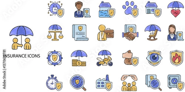 Fototapeta Set of 24 hand drawn outline Insurance icons. Containing healthcare medical, life, car, home, travel insurance icons. Insurance line icons set. Vector illustration.