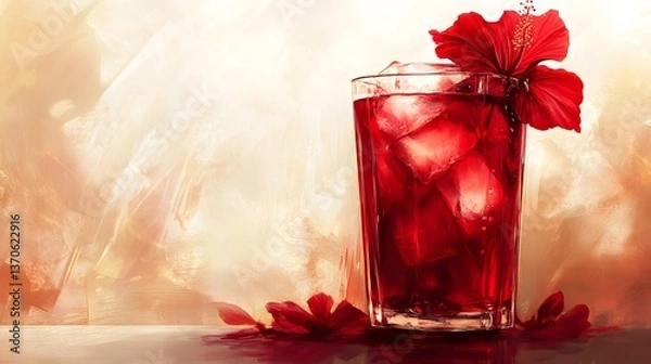 Fototapeta A glass of hibiscus iced tea with flower petals