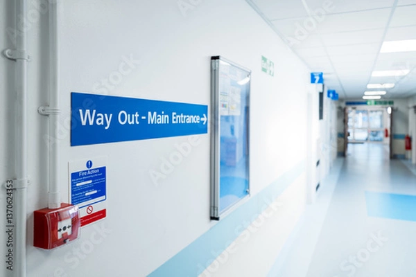 Fototapeta Shallow focus of a Way Out and Main Entrance sign seen within a typical NHS hospital in Britain. The corridor extends to outpatients and the distance double doors. A red alarm activator can be seen.