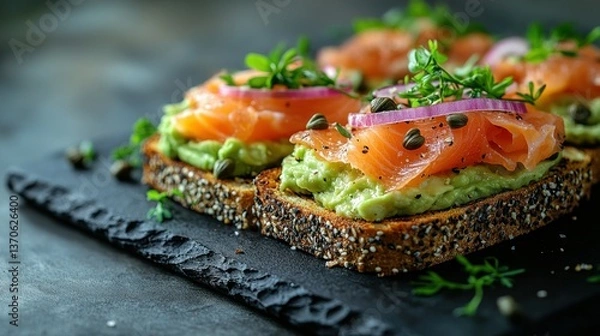 Fototapeta Smoked Salmon Avocado Toast Bites