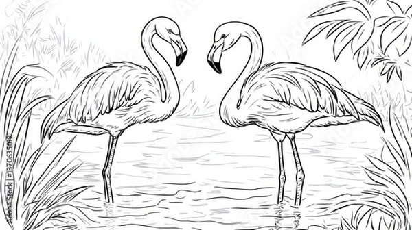 Fototapeta Two flamingos in a tropical setting, black and white drawing, coloring page