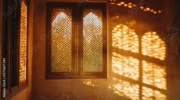 Fototapeta Intricate windows allowing warm light to enter interior space