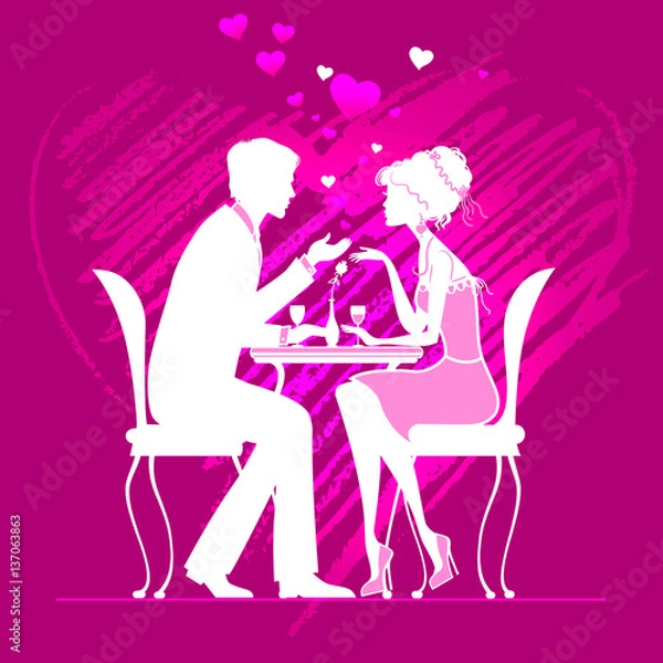 Fototapeta couple in love  in a cafe on dark pink background with hand draw