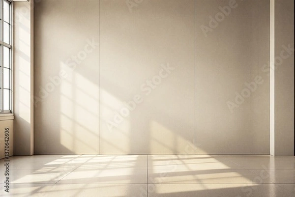 Fototapeta Minimalist empty interior with sunlight casting shadows on beige walls.