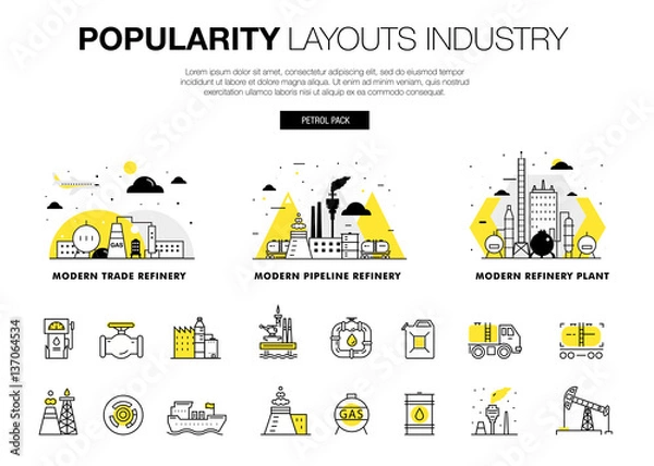 Fototapeta Popularity modern layouts oil industry in new flat line style with gas station electrical, petrol technology and refinery systems development. infographics strategy program. Pictogram for design.