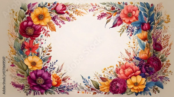 Obraz 다채로운 꽃과 잎으로 구성된 수채화 스타일 프레임
