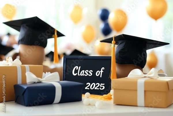 Fototapeta Graduation celebration for Class of 2025 with caps, gifts, and balloons creating a festive atmosphere for students achieving their academic goals, graduation concept