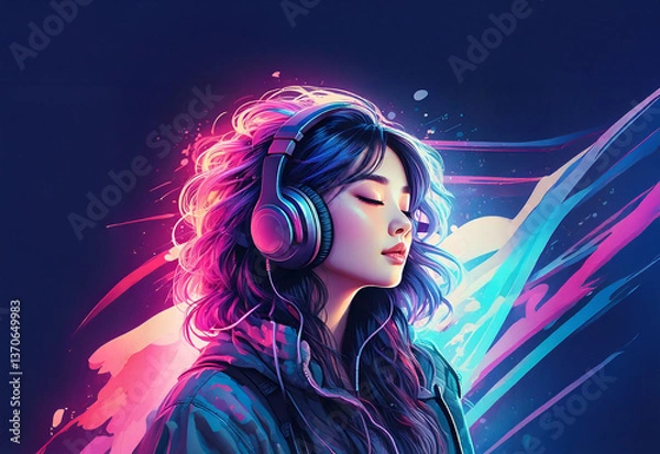Obraz 몽환적인 네온 분위기 속 음악에 몰입한 소녀