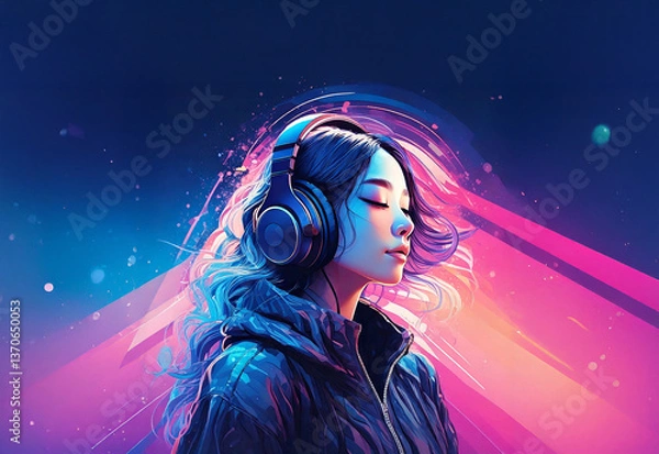 Obraz 미래적인 스타일의 헤드폰을 착용한 젊은 여성