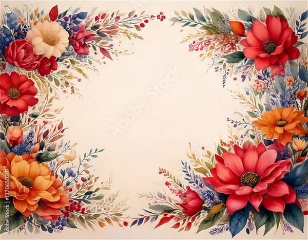 Obraz 다채로운 꽃과 잎으로 구성된 수채화 스타일 프레임