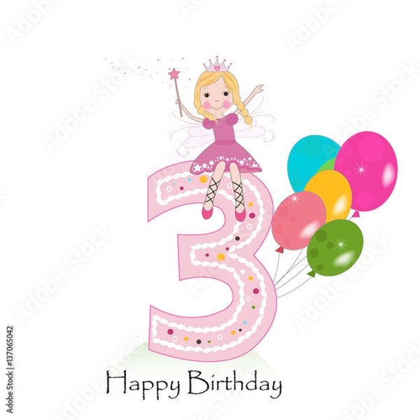 Obraz Happy third birthday greeting card. Cute fairy tale 