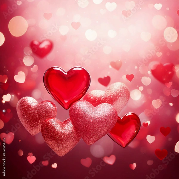 Obraz 발렌타인데이 및 웨딩 테마 소프트 포커스 핑크 배경의 붉고 분홍빛 하트