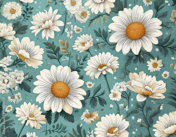 Obraz 부드러운 색감의 손으로 그린 데이지 패턴 플로럴 디자인