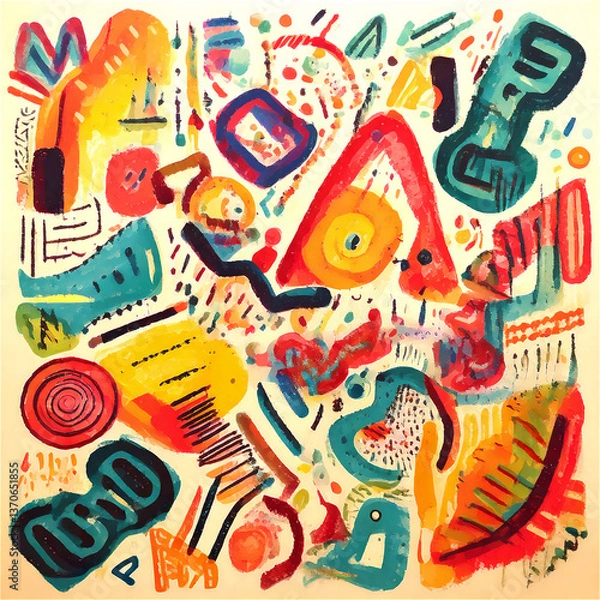 Obraz 장난기 넘치는 컬러풀 추상 디자인 기하학적 요소와 자유로운 선